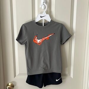 Nike Kids Gray T-Shirt with Orange Swoosh & Matching Black Shorts